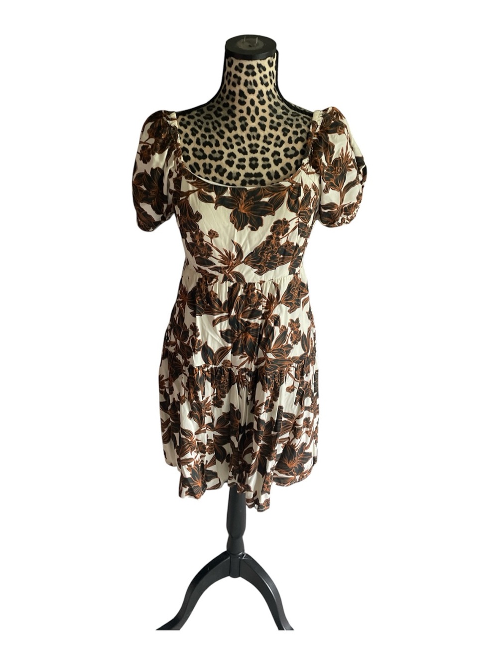 Cream Mini Dress with Brown Floral Print and Puff Sleeves
